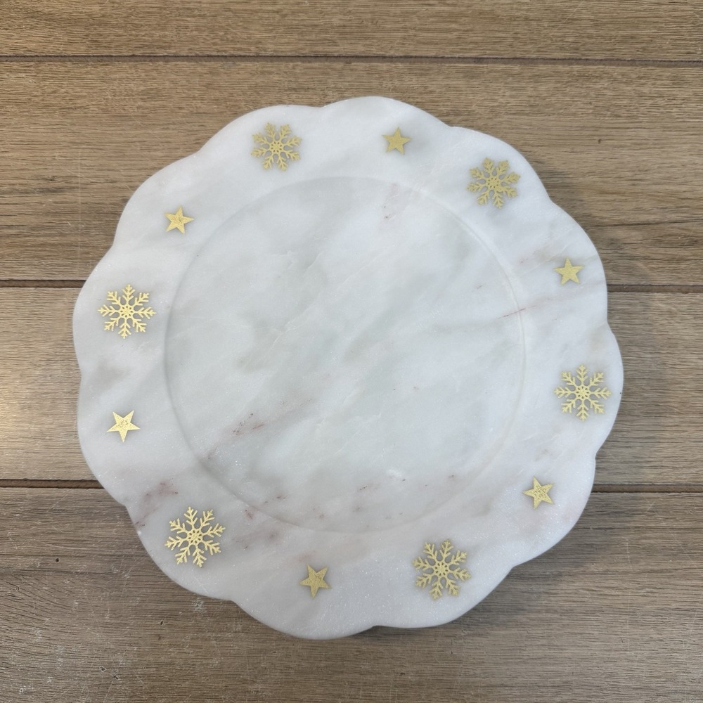 Genuine White Marble Serving Platter Scalloped Round Tray Gold Snowflake Star
